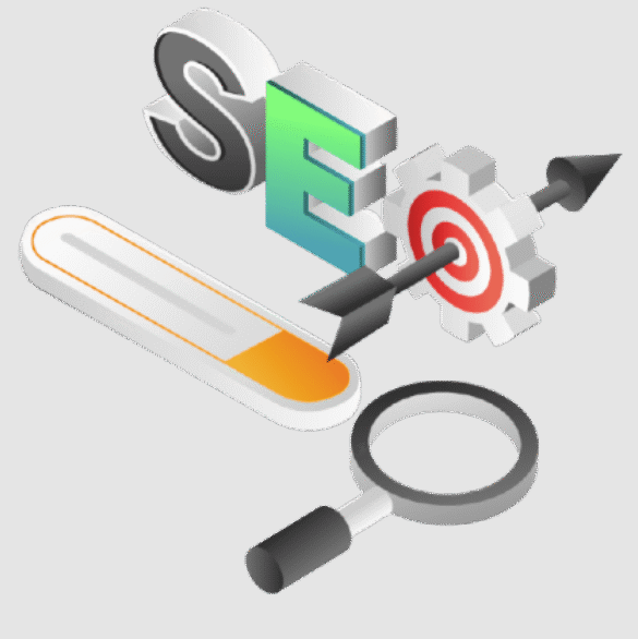 3D SEO graphic showing the letters S and E, a target with an arrow, a loading bar, and a magnifying glass symbolizing search engine optimization
