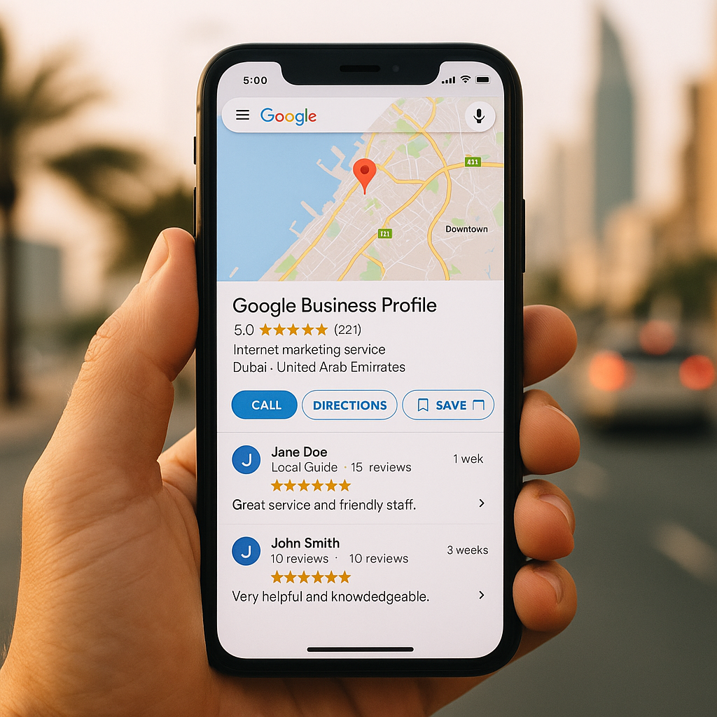 Google Business Profile 5-star listing on smartphone in Dubai