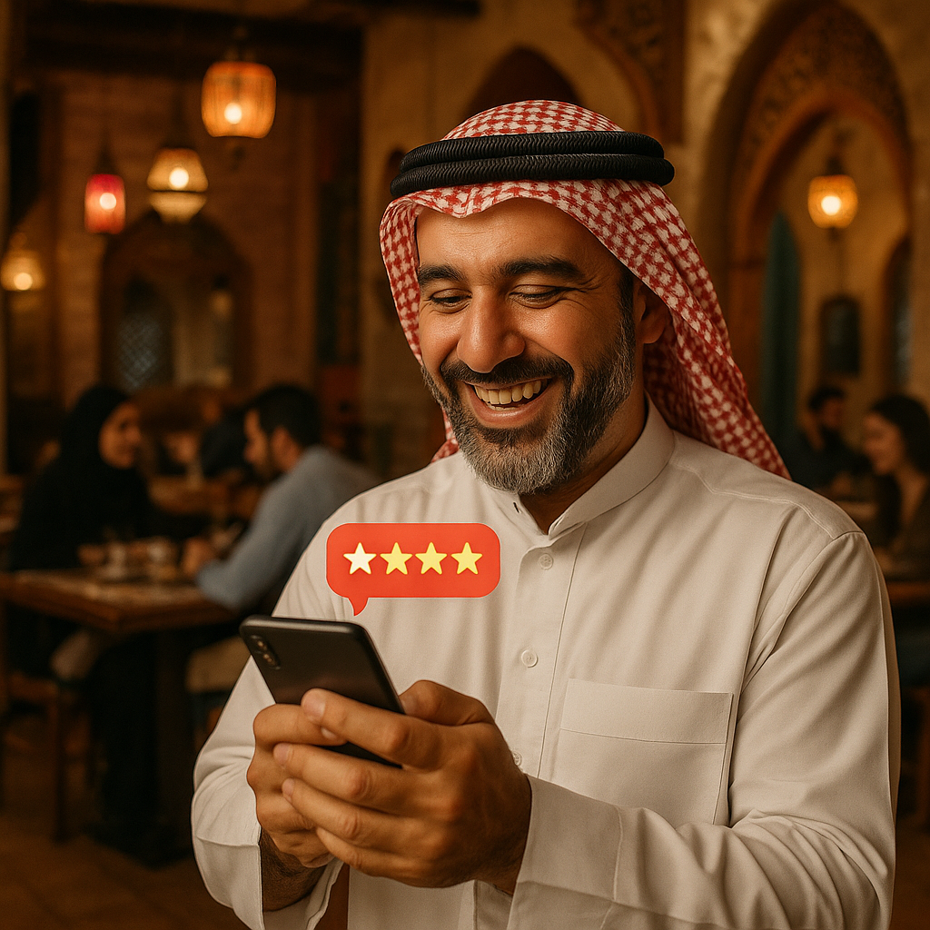 Happy Dubai business owner checking positive Google reviews