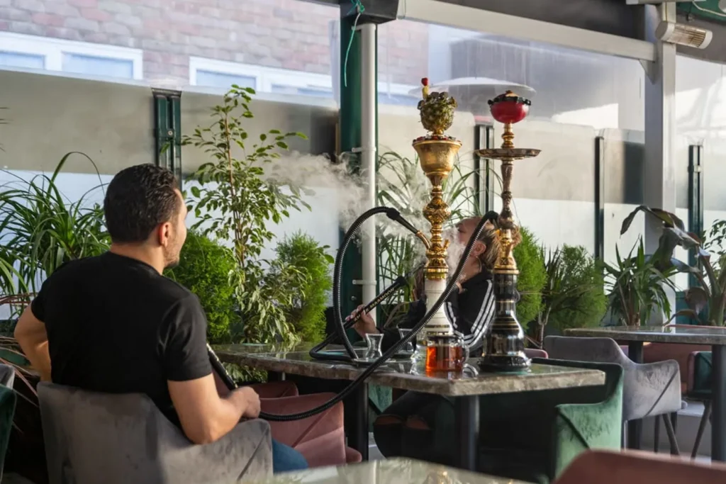 Two men smoking shisha at a table in a bright indoor lounge surrounded by plants.